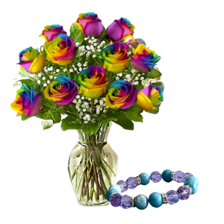 12 RAINBOW ROSES WITH BRACELET - I ADORE YOU