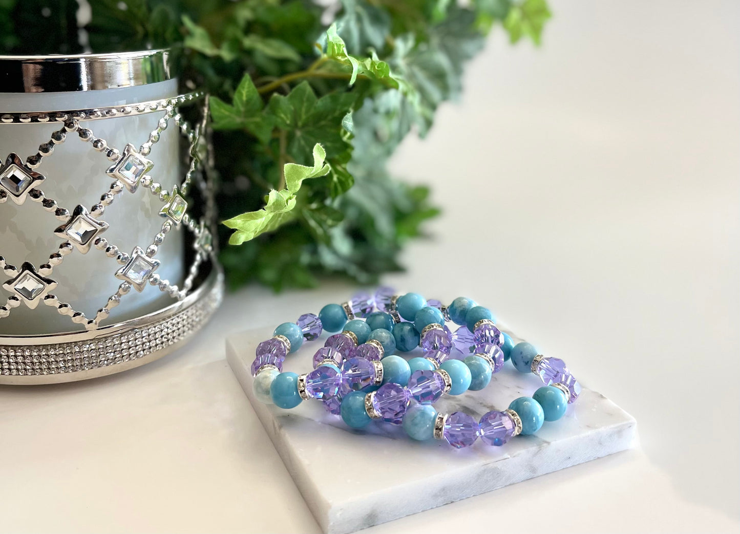 Blue Larimar and Light Violet Crystal Bracelet