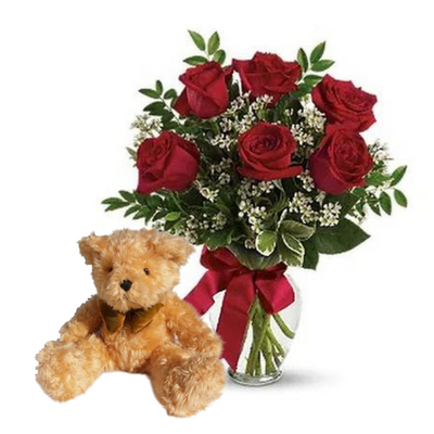 6 RED ROSES BOUQUET WITH TEDDY BEAR