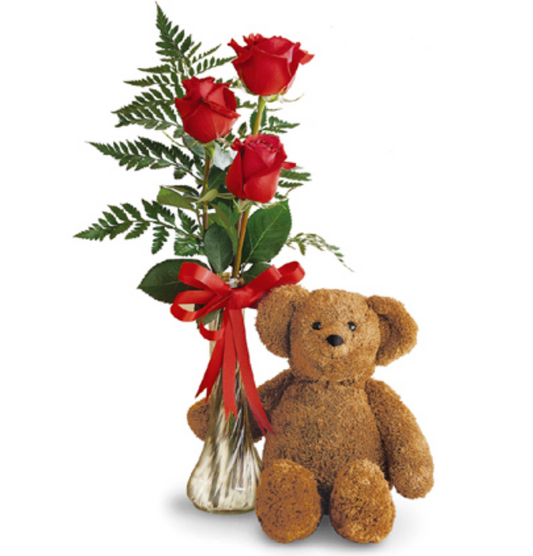 3 RED ROSES AND PLUSH BEAR